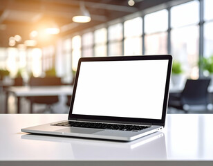 Fototapeta premium Open Office Laptop with Blank Screen on White Desk