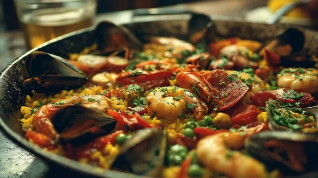 A delicious traditional Spanish seafood paella with shrimp and mussels, served in a classic pan. Close-up of a rustic and authentic Mediterranean dish.

