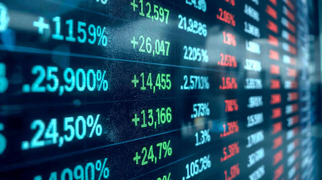 digital stock market or trading board displaying real-time financial data. Rows of numbers and text are shown in various colors: green for positive changes, red for negative changes