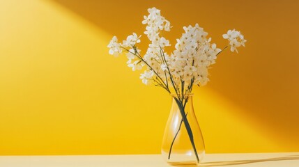 White delicate flowers in vase placed on yellow backdrop simple floral still life decorative minimalistic scene