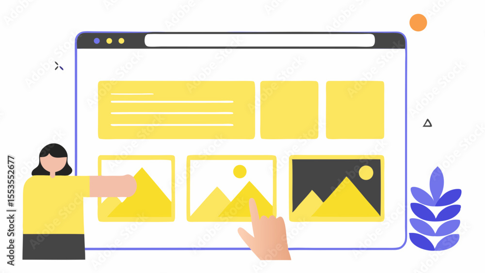 Fototapete Woman interacting with a website displaying image gallery with a hand pointing at a mountain image
