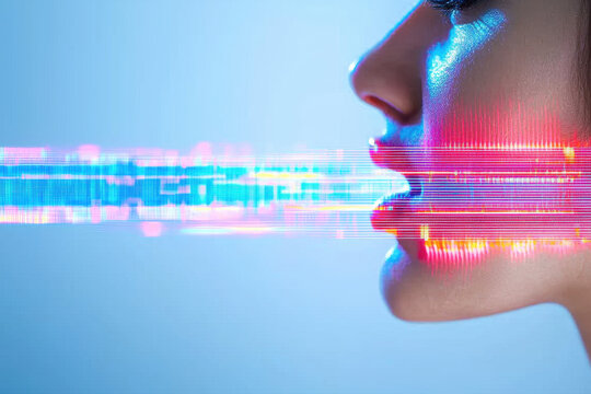 Digital sound waves emanate from woman mouth, showcasing voice intonation and technology impact on communication