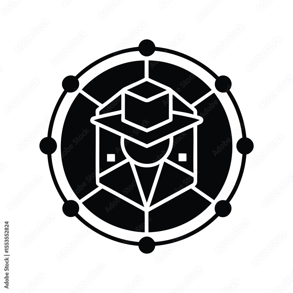 Poster futuristic abstract cube network with circular orbit in black and white