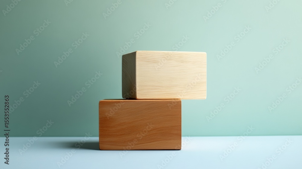 Poster geometric wooden blocks arranged on pastel blue surface minimal abstract balance visual structure de