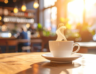 Warm Coffee in a White Cup on Wooden Table in Sunny Cafe