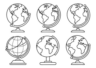 Variety of Globe Illustrations in Black and White Outline Style