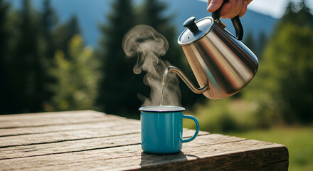 Pouring hot water into blue mug on wooden table