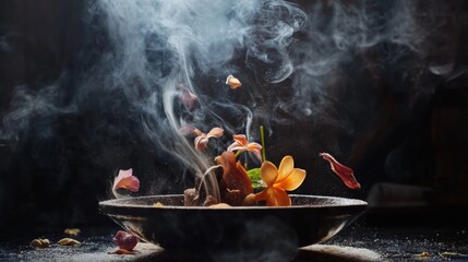 Mystical incense smoke rising from ornate holder on dark background spiritual meditation calm zen ritual energy