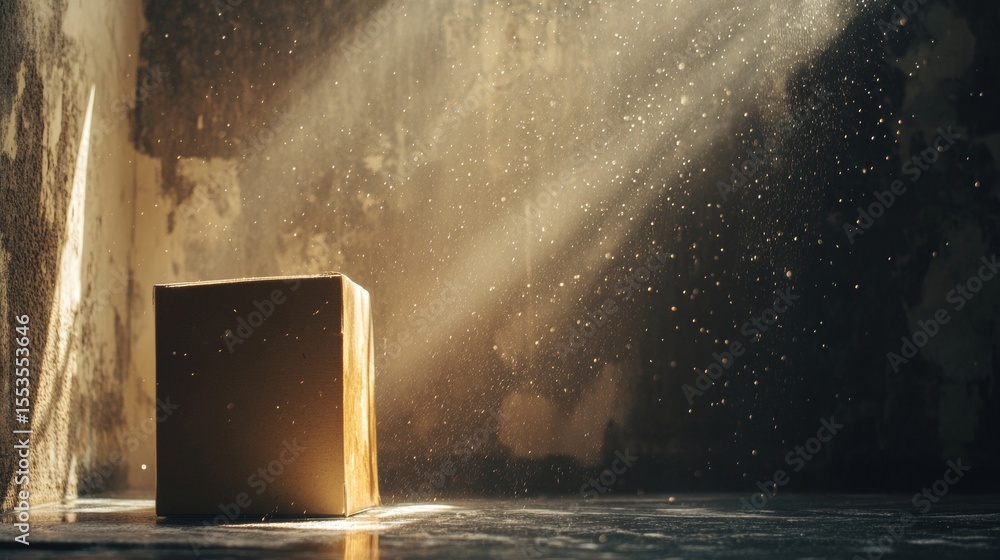 Poster golden cube placed in dramatic light beam dark space minimalist surreal 3d object abstract concept