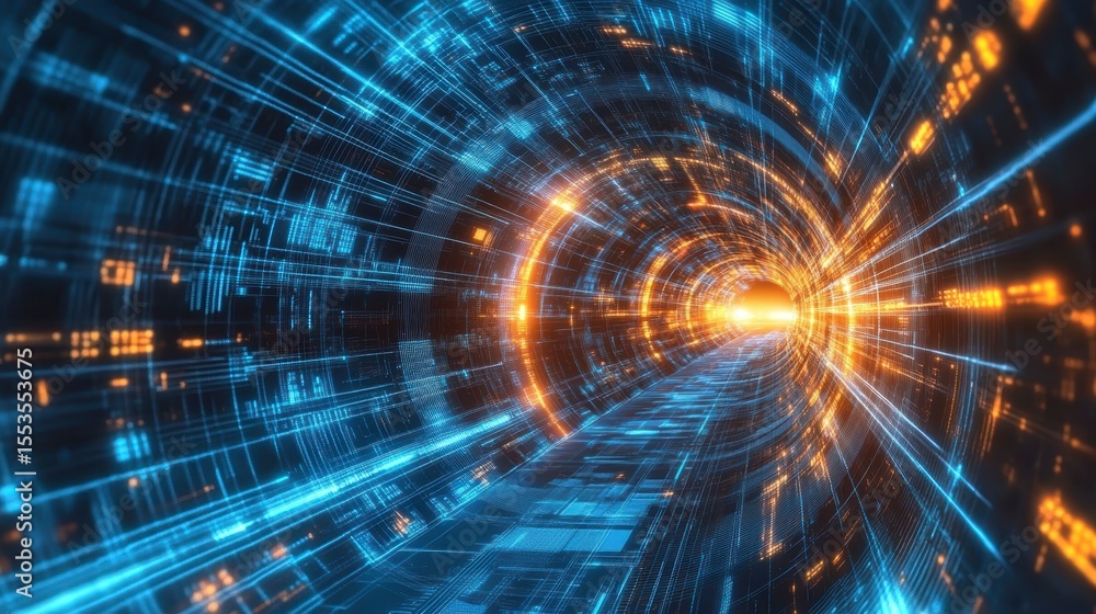 Poster abstract digital tunnel with glowing lines and data streams.