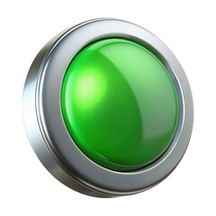 Glossy green button with silver bezel isolated on transparent background
