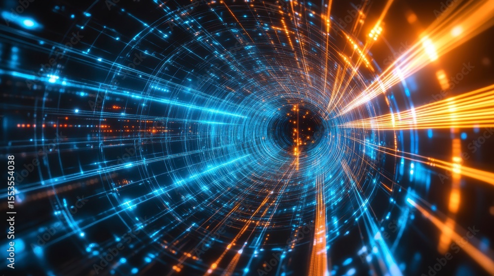 Aufkleber abstract digital tunnel with glowing lines and particles.