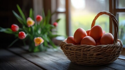 Basket of fresh oranges with spring tulips on rustic table natural organic fruit countryside healthy produce