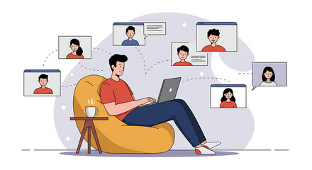 Flat Vector Illustration of a Remote Worker on a Video Conference. set for work from anywhere theme, remote work, lifestyle