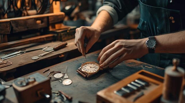 Craftsman working with leather tools handmade artisan workshop table detail hands craftsmanship lifestyle creativity