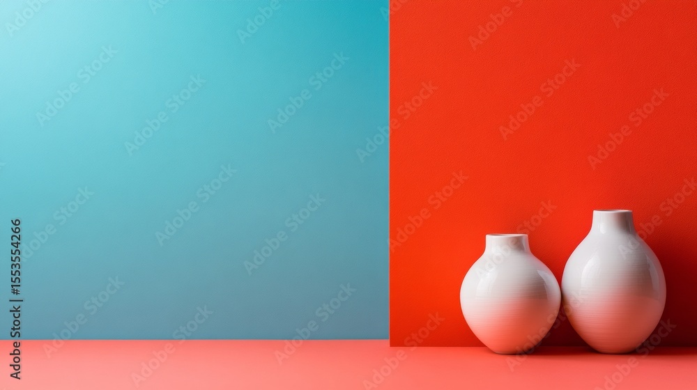 Poster two ceramic vases on split red and blue minimal background contrast abstract design geometric visual