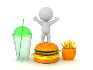 Happy 3D Character on top of burger in fast food menu