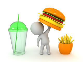 3D Character holding up a burger from a fast food menu
