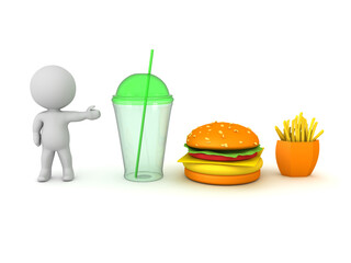 3D Character showing fast food menu burger fries soda