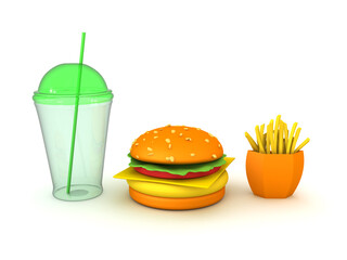 3D Rendering of fast food menu burger fries soda