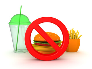 3D Rendering of forbidden sign over junk food