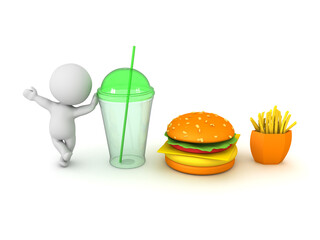 3D Character leaning on soda drink next to burger and fries