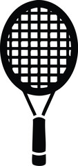 A simple monochrome silhouette depicts a tennis racket with a stringed face on a transparent background