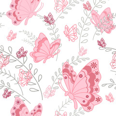 Many pink butterflies png seamless pattern. Romantic vector illustration on transparent background. Calm background classic style in pastel colors. Decor for girl room.