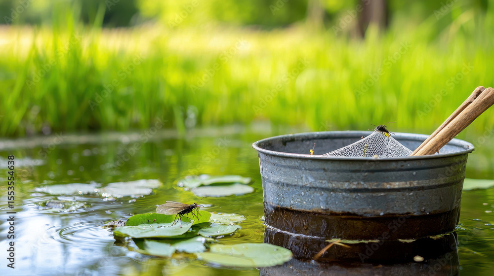 Poster serene wetland scene featuring metal bucket with net resting edge of calm water surface, surrounded 