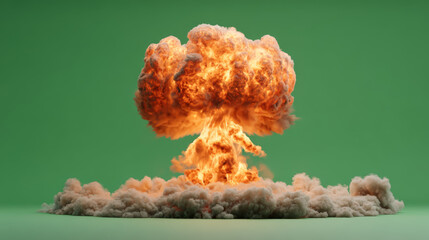 A fiery explosion with a large mushroom cloud rises above thick smoke against a green background.