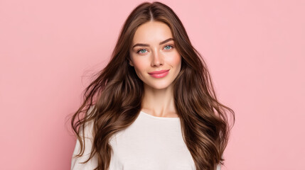 Naklejka premium A young woman with long brown hair smiles gently against a soft pink background, wearing a white top.