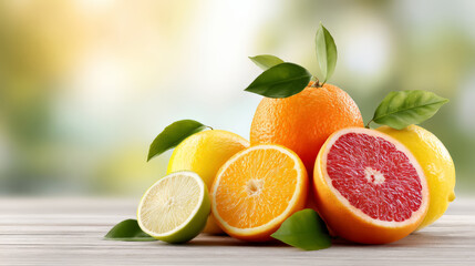 A vibrant assortment of fresh citrus fruits, including oranges, lemons, limes, and a grapefruit, with green leaves on a wooden surface against a soft background.