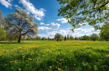 Sunny park meadow with blooming dandelions