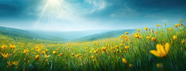 A vast meadow of yellow flowers blankets a hillside under a vibrant sky
