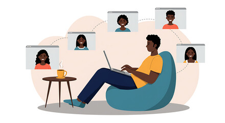 Flat Vector Illustration of a Remote Worker on a Video Conference. set for work from anywhere theme, remote work, lifestyle