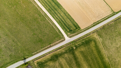 Aerial view of intersecting rural roads surrounded by vibrant green and golden fields. This picturesque farmland scene showcases organized agricultural patterns.