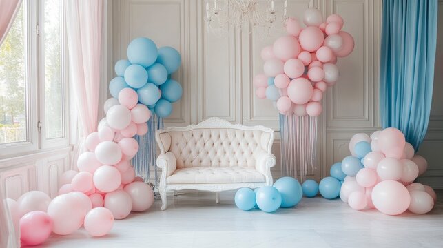 Elegant room with white sofa and pink blue balloons for baby shower or gender reveal.
