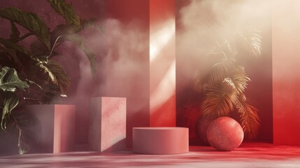 Colorful composition with red spheres tropical plants and vapor light modern surreal abstract background scene