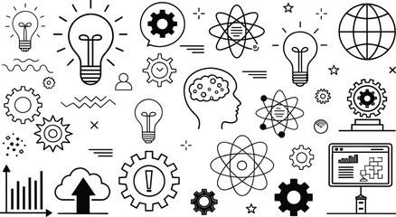 Creative Thinking and Innovation Icons: Lightbulbs, Gears, and Goal-Oriented Symbols