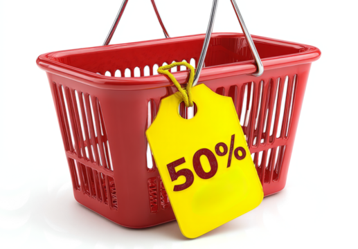 red shopping basket with yellow tag