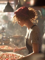 Artisan Pizza Preparation Talented Chef Skillfully Crafting Fresh Pizzas in a Steamy, Bustling Kitchen with Warm, Evocative Lighting