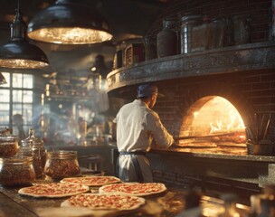 Captivating Baker at Work Expert Pizzaiolo Skillfully Preparing Fresh Pizzas in the Warm Glow of a Traditional Wood Fired Oven
