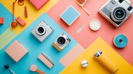 Flat lay of colorful vintage cameras and tech accessories on pastel background creative photography theme