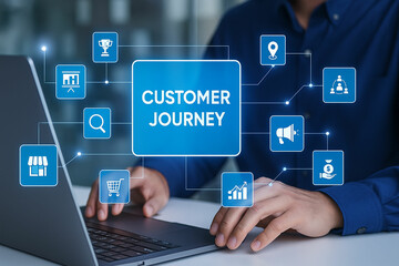 Customer journey map with icons and business concepts on laptop screen