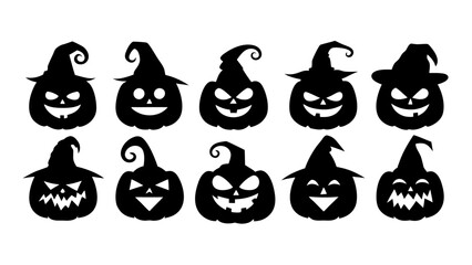 Set of black pumpkins in hats silhouette on tranparent background