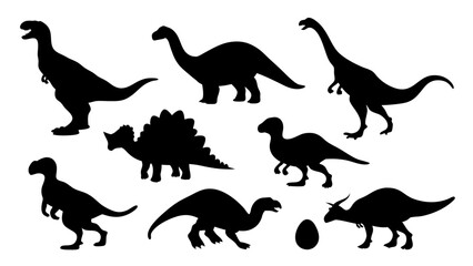Vector illustration of dinosaur silhouette including Stegosaurus, Brontosaurus, Velociraptor, Triceratops, Tyrannosaurus rex