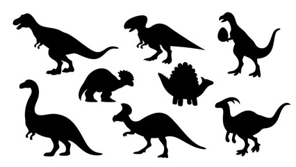 Vector illustration of dinosaur silhouette including Stegosaurus, Brontosaurus, Velociraptor, Triceratops, Tyrannosaurus rex © Creative vector