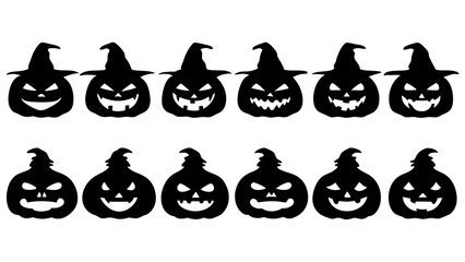 Set of black pumpkins in hats silhouette on tranparent background