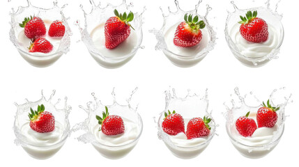 strawberries splashing in milk on white background