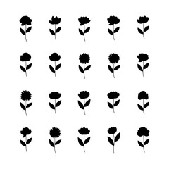 Dark Petal Icons. A square grid of bold black flower silhouettes with compact shapes, great for striking visuals and logo use.